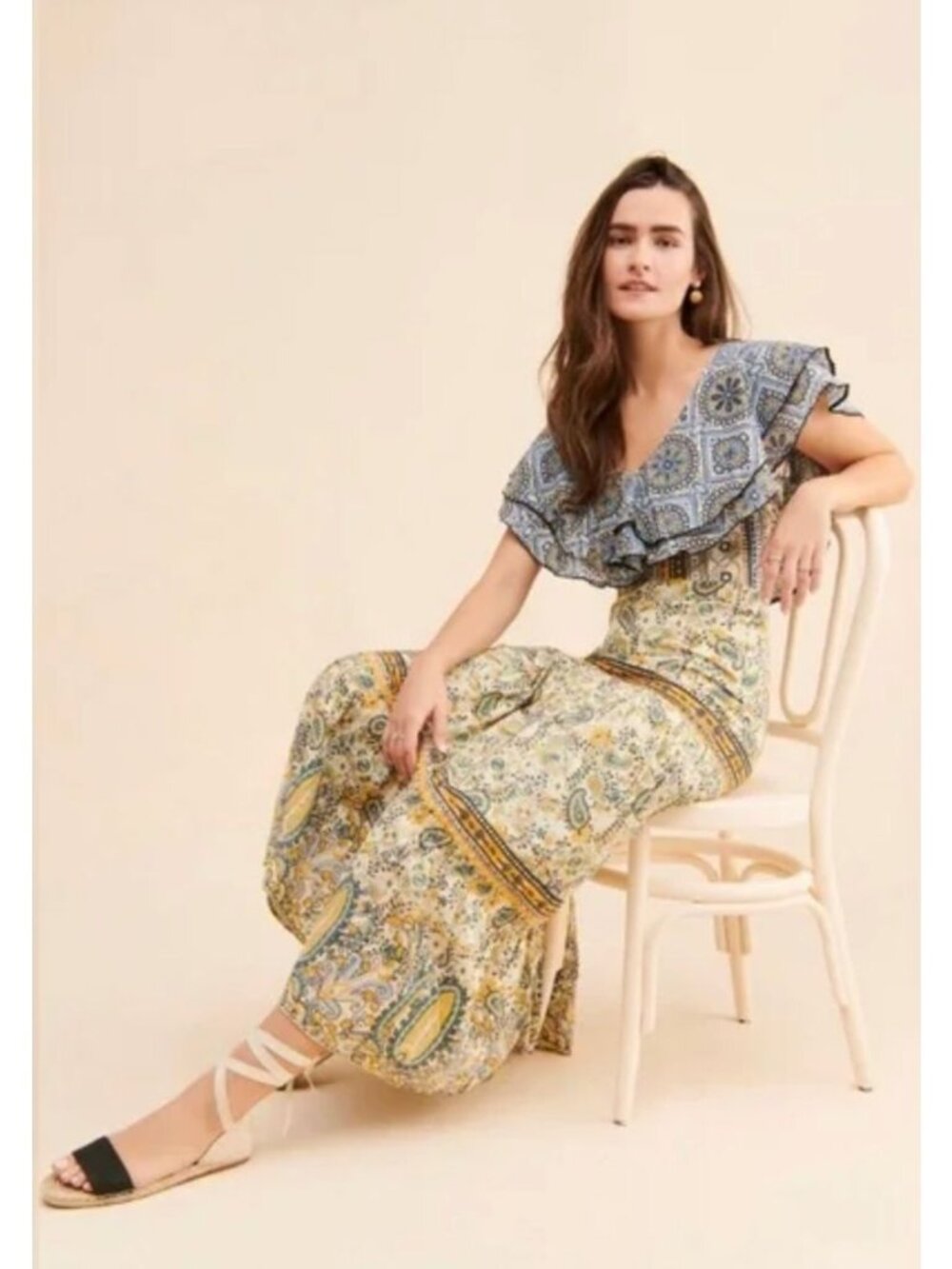 NWT Free People Forever That Girl Floral Maxi Dress Ruffle V-Neck Blue Yellow XS